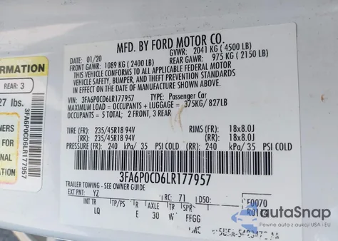 2020 Ford Fusion Sel from USA, damaged, VIN 3FA6P0CD6LR177957
